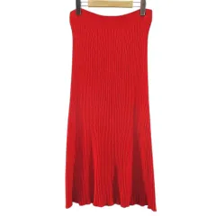 ユニクロ UNIQLO 3D メリノ リブ ニット フレアスカート ロング丈 L 赤系 レッド 無地 伸縮性 タグ付