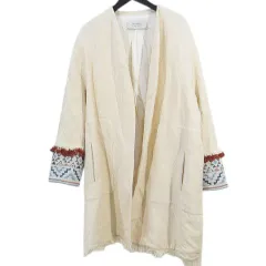 ザラ ベーシック ZARA BASIC 長袖 ノーカラージャケット コート 38 オフホワイト エスニック柄 袖口刺繍 フリンジ  羽織タイプ