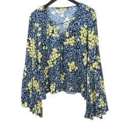 ザラ ベーシック ZARA BASIC 長袖 ブラウス プルオーバー S 紺系 ネイビー 花柄 レースアップ フリルスリーブ オープンスリーブ