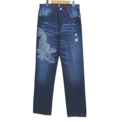 ドッグタウン DOGTOWN デニムストレートパンツ ジーンズ 30 青系 ブルー 龍柄 ダメージ加工 ユーズド加工 刺繍 