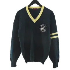 チャップス CHAPS ラルフローレン RALPH LAUREN 長袖 ケーブル ニット セーター M 緑系 グリーン Vネック ワッペン リブ 毛 ウール