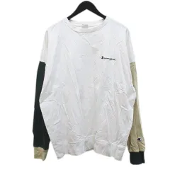 チャンピオン CHAMPION 長袖 Tシャツ カットソー ロンT L 白系 ホワイト カラーブロック 刺繍 リブ