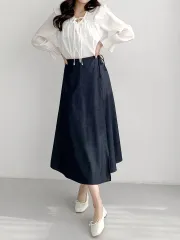 デニム ロング丈スカート ストレッチ 後ろゴム F L