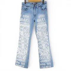 TOBA&CO デニムパンツ ジーンズ フレア ロング丈 40/32 青系 ライトブルー ジップフライ プリント 加工 ストレッチ