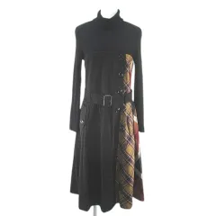 ブルーレーベルクレストブリッジ BLUE LABEL CRESTBRIDGE チェック柄 長袖 膝丈 フレアワンピース ワンピース ニットドッキング タートルネック 38 黒系 ブラック ベルト 毛 ウール 裏地