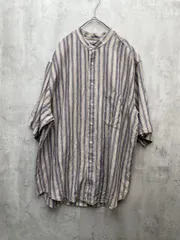 TRADER BAY トラダーバイ マルチストライプ ノーカラー カジュアル 半袖 シャツ sizeL/ベージュｘ青 ■◆メンズ