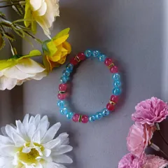 ハンドメイドビーズブレスレット／ブルー×ピンク＋ゴールドスペーサー／18cm／ユニセックス