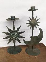 アンティーク調 金属製 月と太陽のモチーフ キャンドルホルダー 2点セット 燭台 インテリア ＊maa108