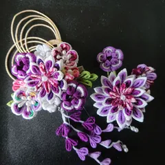 つまみ細工の髪飾りセット/紫系/赤紫系メイン/卒業式/七五三/成人式/結婚式