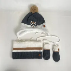 ot2233-6 OBAiBi オバイビ BABY ベビー ニット帽 手袋 ネックウォーマー 3点セット 12M グレー ホワイト 白 アニマル アライグマ 紐付き 暖かい ベロア ファー モコモコ 12ヶ月 OBAÏBI