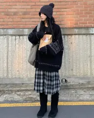 DAILYJOU ウール CHECK プリーツ ミディ スカート ブラック