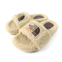 未使用品★GUCCI×THE NORTH FACE グッチ×ザ・ノースフェイス 679948 ロゴパッチ付 ムートン ボア サンダル ベージュ 36 保存袋付き イタリア製 レディース
