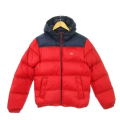 トミージーンズ TOMMY JEANS ダウンジャケット フーディー ジップ開閉 ロゴ バイカラー S 赤 レッド 紺 ネイビー /AH22 ■GY19