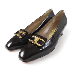 極美品★Salvatore Ferragamo サルヴァトーレフェラガモ ダブルガンチーニ金具付 スクエアトゥ クロコ型押し レザー パンプス ブラウン 7 イタリア製 レディース