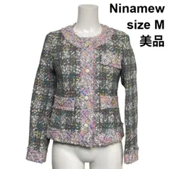 ◆ 美品 ニーナミュウ Ninamew ノーカラーツイードジャケット 長袖 フリンジ ビジューボタン マルチカラー 毛混 M 9号 レディース S6B055のサムネイル
