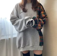 レディース スウェット 韓国 オーバーサイズ チェック柄 長袖 トレーナー プルオーバー ラウンドネック カジュアル 春 秋 トップス ゆったり 体型カバー 韓国ファッション おしゃれ