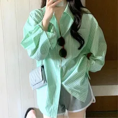 シャツ 開襟 長袖 ストライプ カラーシャツ オーバーサイズ 総柄 レディース 韓国ファッション きれいめ ポップ かわいい おしゃれ 大きいサイズ