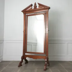 西欧 アンティーク 木彫刻 オーク スタンドミラー 姿見 大判 鏡 全身鏡 ミラー 角度調整 天然木 無垢材 大型 西洋 クラシック 89434