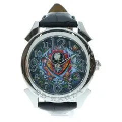 Ed Hardy (エドハーディー) スカルデザイン ロゴ刻印 クロコ型押しレザー ベルト クォーツウォッチ 腕時計 ブラック/シルバー