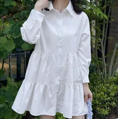 【美品】miniministore ミニミニストア ティアードチュニックシャツ シャツワンピース フレアシャツ ホワイト 白 ティアード フリル 長袖 膝丈 Aライン カジュアル きれいめ ワンピース フェミニン 春夏秋 レディース【L】2601023AP