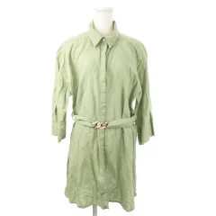 ザラ ZARA シャツワンピース ミニ 七分袖 リネン 麻 比翼 ベルト ワンポイント L 緑 グリーン /MN9 ■GY99