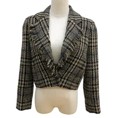    ユキトリイYUKI TORII テーラードジャケット　サイズ38　ワンボタン　ツイードチェック　マルチカラー　ショート丈　ウール混　フリンジ【ZK69】