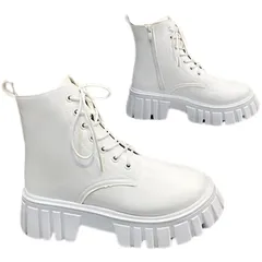 [CALM.st] 厚底 ブーツ ショートブーツ レディース 編み上げ サイドジッパー ブーティー 軽量 レースアップ ゴスロリ 5cm モード 韓国 ふゆ 冬 可愛い かわいい 女性 美脚 綺麗 きれい ハイカット おし [ホワイト] [25.0 cm E]