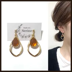 ブラウン　雫　フレーム　ハンドメイド　ピアス　イヤリング