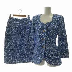 クリスチャンディオール Christian Dior プレタポルテ PRET-A-PORTER ヴィンテージ セットアップ 上下 ノーカラージャケット シングル 3B 肩パッド タイトスカート ひざ丈 シルク混 総柄 9 M 青 ブルー 白 ホワイト