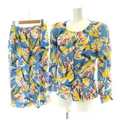 クリスチャンディオール Christian Dior プレタポルテ セットアップ 上下2点セット ノーカラージャケット タイトスカート ひざ丈 シルク 絹 総裏地 総柄 9 青 ブルー 黄 イエロー 白 ホワイト マルチカラー 1O36MD7