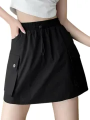 [ブブ オーハナ] カーゴ ミニ スカート ショート パンツ 一体型 ドローコード ポケット 付き 無地 レディース 女性 用 春 夏 秋 冬 服 物 インナー 付き ハイ ウエスト ゴム Aライン 台形 カジュアル (JP, アルファベ [ブラック] [L]