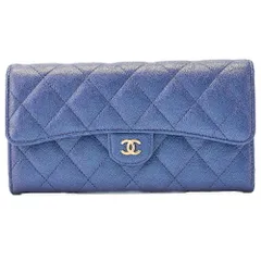 CHANEL シャネル　マトラッセ　二つ折り長財布 　キャビアスキン　ブルー（ゴールド金具）レディースウォレット 財布   【中古】【送料無料】