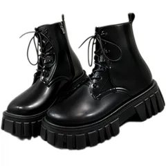 [CALM.st] 厚底 ブーツ ショートブーツ レディース 編み上げ サイドジッパー ブーティー 軽量 レースアップ ゴスロリ 5cm モード 韓国 ふゆ 冬 可愛い かわいい 女性 美脚 綺麗 きれい ハイカット おしゃれ シンプル シルエット きれいめ 