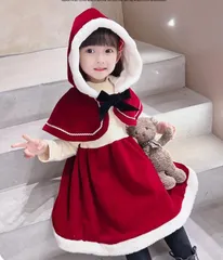 ＜在庫処分＞女の子 クリスマス ケープワンピース 帽子付き 裏起毛 厚手 2025新作 キッズ サンタ風 赤 ドレス bu1