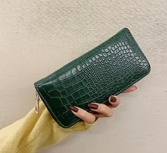 クロコダイル 長財布 グリーン 型押し  ロングウォレット ラウンド型 メンズ レディース