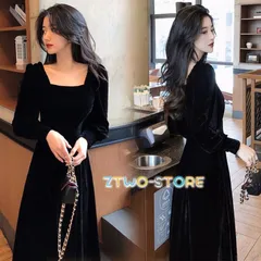 レディース ワンピース 秋冬 長袖 ミドル丈 スクエアネック ベルベット 無地 パーティードレス ハイウエスト Aライン 結婚式 二次会 #