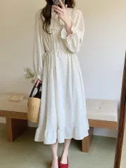 ブランロングワンピース 小花フリルロングワンピース ウエスト紐ロングワンピース 春ワンピース