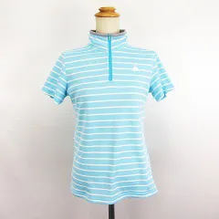 ルコックスポルティフ le coq sportif シャツ 半袖 ハイネック ハーフジップ ボーダー ロゴ L ライトブルー×ホワイト スポーツウェア ※EKM