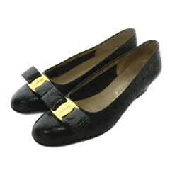 サルヴァトーレフェラガモ Salvatore Ferragamo ヴァラリボン パンプス レザー クロコ型押し ラウンドトゥ ロゴ ゴールド金具 5 22.5cm 黒 ブラック /XZ ■GY11