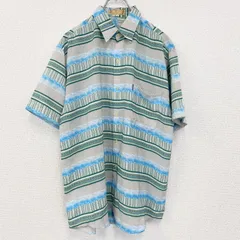 【値引き交渉OK！】古着 used　半袖プリント総柄シャツ　レトロデザイン　エスニック　ストライプ柄　胸ポケット　青　緑　ブルー　グリーン