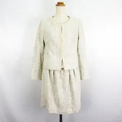 グローブ grove セットアップ ワンピーススーツ ジャケット ノーカラー 長袖 ワンピース 長袖 ひざ丈 ドッキング シフォン ラメ M アイボリー ※EKM