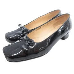 サルヴァトーレフェラガモ Salvatore Ferragamo パンプス エナメル リボン ヒール スクエアトゥ 6.5 黒 ブラック /JS ■GY18