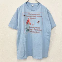 【値引き交渉OK！】古着 used　90s　半袖プリントTシャツ　USA製　コットン100%　シングルステッチ　花　蝶　水色　ライトブルー　Lサイズ