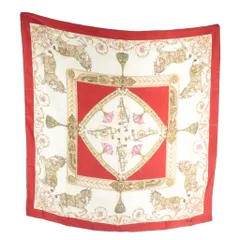 セリーヌ CELINE スカーフ 絹 シルク 大判 馬 タッセル ロゴ 総柄 白 ホワイト 赤 レッド /XZ ■GY18