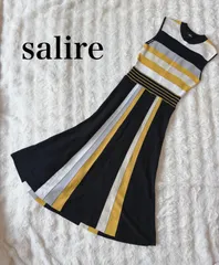 salire サリア 配色ボーダー ニットワンピース 38 ノースリーブ プリーツ切替 ブラック×ホワイト×マスタード デザインワンピース レディース 上品 きれいめ