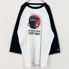 【値引き交渉OK！】古着 used　champion　チャンピオン　七分丈プリントTシャツ　ラグラン　クルーネック　黒　白　ホワイト　XXXLサイズ　