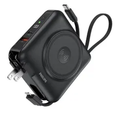 Philips フィリップス モバイルバッテリー 15000mAh コンセント一体型 MagSafe対応 ワイヤレス充電 Apple Watch対応 PD45W急速充電 USB-C Lightningケーブル内蔵 PSE認証 ブラック DLP4351CB