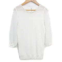 アプワイザーリッシェ Apuweiser-riche ニット カットソー 七分袖 Uネック 切替 透け感 ビーズ ビジュー 2 白 ホワイト /FF46