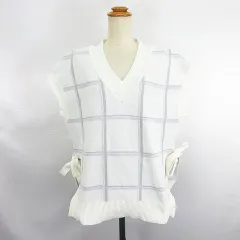 ワンアフター アナザー ナイスクラップ one after another NICE CLAUP ニット セーター ノースリーブ Vネック チェック サイドスリット リボン F ホワイト ※EKM