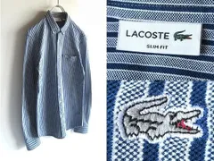 ネコポス対応 LACOSTE シルバーラコステ PH781E 銀ワニ ストライプビズポロシャツ ストレッチ鹿の子BDシャツ FR:2/US:XS ネイビー 日本製